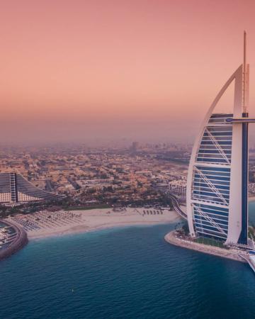 Dubai, Burj Al Arab, plaža, morje, sončni zahod, mesto